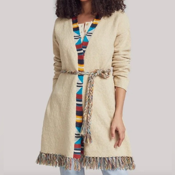 NWT Faherty Crow Stripes Duster Cardigan Braided Belt Border Stripe Ivory M / L - Picture 4 of 16